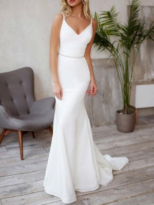 Elegant Wedding Dresses Lycra Spandex V Neck Sleeveless Strap Sash Mermaid Bridal Gowns With Train_3