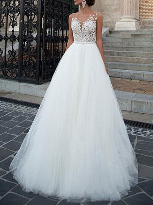 Wedding Dresses 2021 Jewel Neck A Line Floor Length Beaded Sash Tulle Pageant Dress Bridal Gowns_1