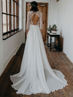 White Simple Wedding Gowns Lace Jewel Neck Half Sleeves Backless A-Line Lace Chiffon Long Bridal Gowns_5