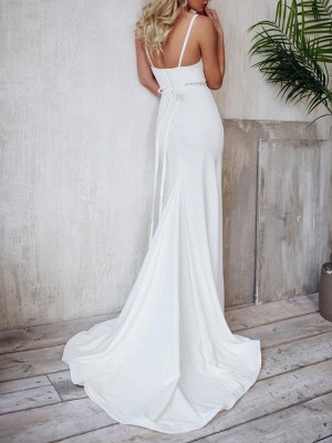 Elegant Wedding Dresses Lycra Spandex V Neck Sleeveless Strap Sash Mermaid Bridal Gowns With Train_4