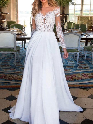 Wedding Dresses 2021 V Neck Long Sleeves Floor Length Lace Appliqued Buttons Chiffon Bridal Gowns_1