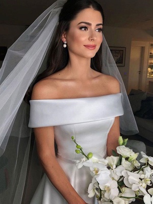 Vintage Wedding Dresses 2021 Off The Shoulder Short Sleeve A Line Satin Traditional Bridal Gowns With Sweep Train_3