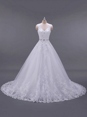 Wedding Dresses V Neck Sleeveless A Line Lace Embellishment Beaded Sash Bridal Gowns With Train_2