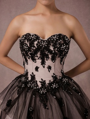 Black Wedding Dress Lace Tulle Chapel Train Bridal Gown Strapless Sweetheart A-Line Luxury Princess Pageant Dress_7
