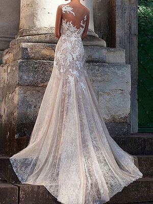 Wedding Dress Sheath V Neck Sleeveless Floor Length Lace Tulle Backless Bridal Gown With Train_2