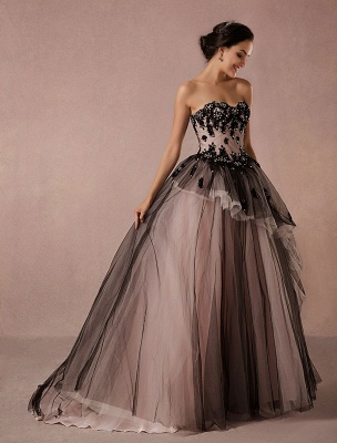 Black Wedding Dress Lace Tulle Chapel Train Bridal Gown Strapless Sweetheart A-Line Luxury Princess Pageant Dress_1