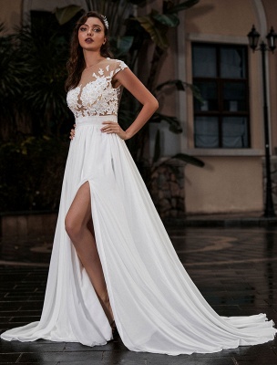 Wedding Gowns Beach A-Line Silhouette Jewel Neck Lace Bodice Chiffon Wedding Gown_1