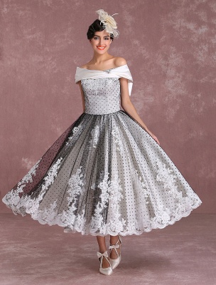 Black Wedding Dresses Vintage Short Bridal Gown Lace Off The Shoulder Polka Dot Print Bridal Dress With Bow At Back Exclusive_1
