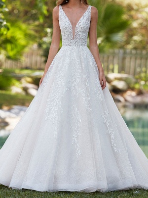 White Wedding Gownses A Line Floor Length Sleeveless Applique V Neck Long Wedding Dresseses_1