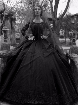 Gothic Wedding Dresses Princess Silhouette Long Sleeves Lace Taffeta Court Train Vintage Bridal Gown_2