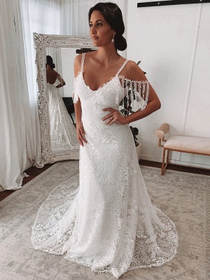 Lace Wedding Dress With Train Ivory A-Line Sleeveless V-Neck Backless Wedding Gowns_3