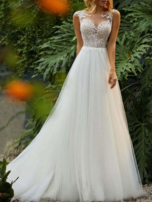 Wedding Dresses 2021 A Line Illusion Neck Sleeveless Floor Length Lace Beaded Tulle Boho Bridal Gowns_1
