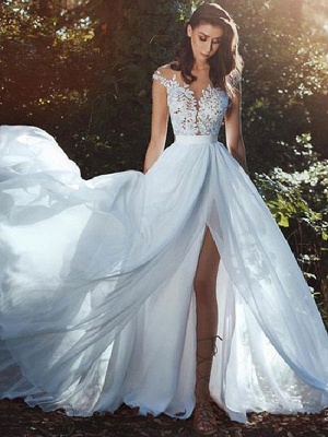 Wedding Dresses With Court Train A-Line Sleeveless Applique Illusion Neckline Bridal Gowns_1