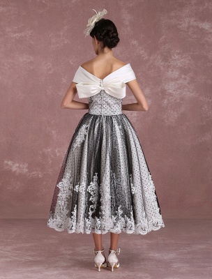 Black Wedding Dresses Vintage Short Bridal Gown Lace Off The Shoulder Polka Dot Print Bridal Dress With Bow At Back Exclusive_7