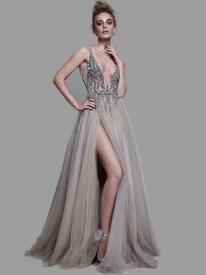 Boho Wedding Dress 2021 A Line Deep V Neck Sleeveless Straps Split Front Floor Length Prom Dresses_1
