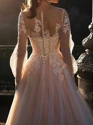 White Wedding Dresses A-Line Court Train Long Sleeves Single Thread Tulle Buttons Illusion Neckline Bridal Gowns_3