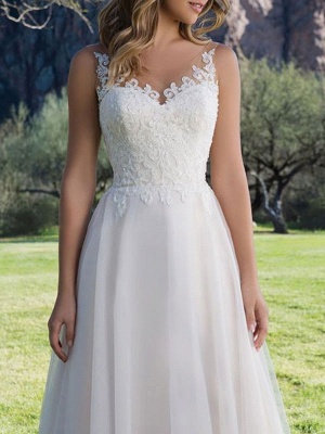 Wedding Dresses A Line V Neck Sleeveless Lace Beach Party Bridal Gowns With Train_3