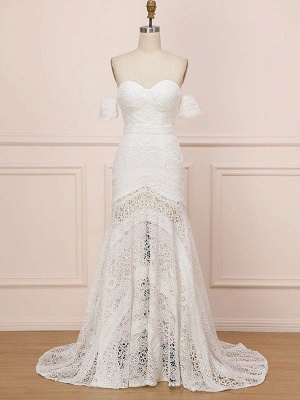 White Lace Wedding Gowns Floor Length Sheath Sleeveless Lace Sweetheart Neck Wedding Dresseses Train Dress_3