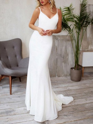 Elegant Wedding Dresses Lycra Spandex V Neck Sleeveless Strap Sash Mermaid Bridal Gowns With Train_2