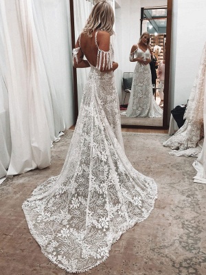 Lace Wedding Dress With Train Ivory A-Line Sleeveless V-Neck Backless Wedding Gowns_2