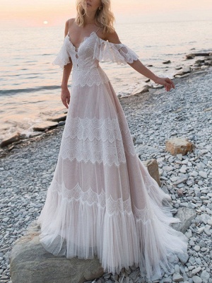 Boho Wedding Dresses 2021 A Line Deep V Neck Straps Lace Short Sleeve Bridal Gown For Beach Wedding With Sweep Train_1