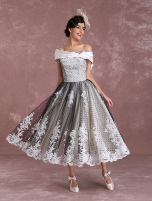 Black Wedding Dresses Vintage Short Bridal Gown Lace Off The Shoulder Polka Dot Print Bridal Dress With Bow At Back Exclusive_4