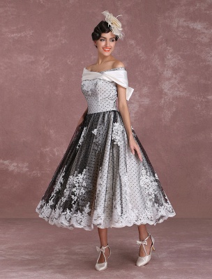 Black Wedding Dresses Vintage Short Bridal Gown Lace Off The Shoulder Polka Dot Print Bridal Dress With Bow At Back Exclusive_6
