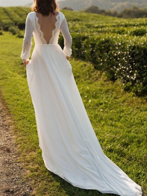 Cheap Wedding Dresses Lycra Spandex Bateau Neck Long Sleeves Lace A Line Bridal Gowns_5