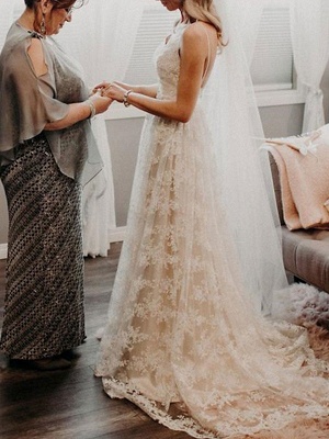 Wedding Dress Court Train A-Line Spaghetti Straps Sleeveless Lace V-Neck Backless Ivory Wedding Gowns_2
