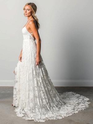 Beach Wedding Dress With Chapel Train White V-Neck Sleeveless Backless Lace Split Long Bridal Gowns_5