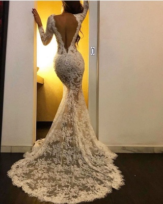 Sexy White V Neck Long Sleeve Lace Mermaid Prom Dress_3
