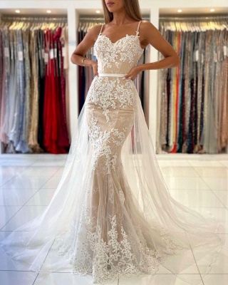 Simple White Lace Mermaid Prom Dress Evening Gowns_3