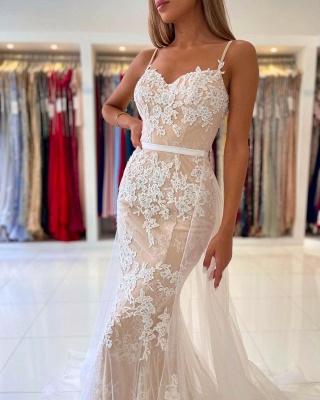 Simple White Lace Mermaid Prom Dress Evening Gowns_4