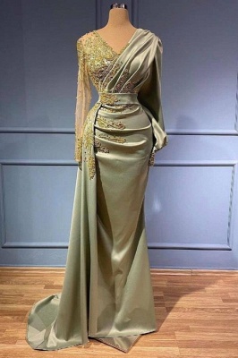 Elegant Green V-neck Long Sleeve Sheath Floor-length Prom Dresses_1
