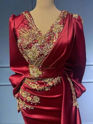 Exquisite Red V-neck Long Sleeve Sheath Floor-length Beading Prom Dresses_5