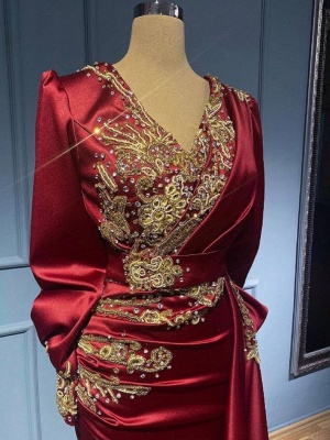 Exquisite Red V-neck Long Sleeve Sheath Floor-length Beading Prom Dresses_3