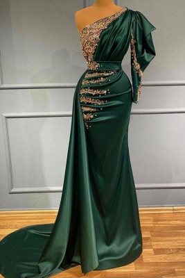 Vintage Green One Shoulder Sheath Floor-length Beading Prom Dresses_1