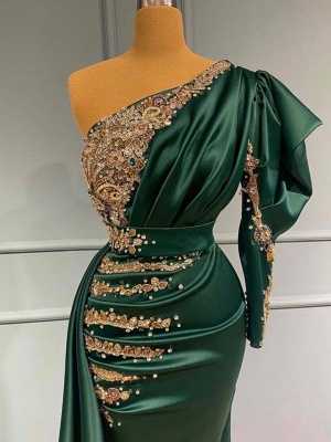 Vintage Green One Shoulder Sheath Floor-length Beading Prom Dresses_2