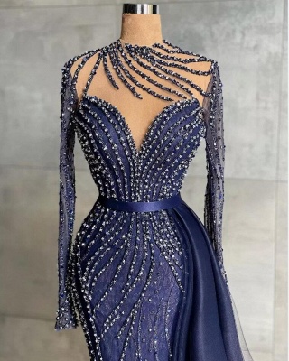 Luxus Navy Blue High Neck Long Sleeve Floor Length Prom Dress_3