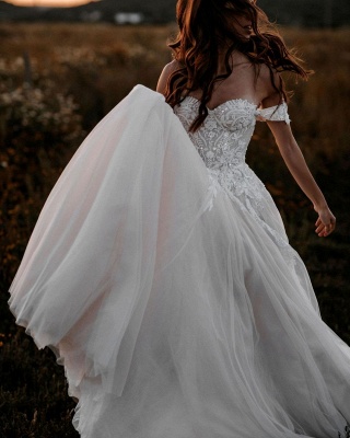 Fabulous Off-the-shoulder Sleeveless A-Line Floor-Length Wedding Dresses with Lace_4