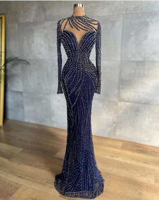 Luxus Navy Blue High Neck Long Sleeve Floor Length Prom Dress_2