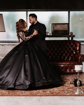 Unique Crew Long-Sleeve Ball Gown Floor-Length Black Satin Wedding Dresses with Applique_2