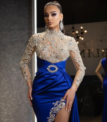 Sparkly Royal Blue Long Sleeve Mermaid Prom Dresses Evening Gowns_2