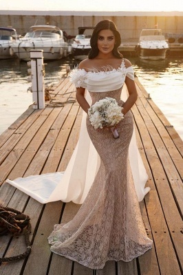 Elegant Off-the-shoulder Sleeveless Mermaid Lace Wedding Dresses with Watteau Train_1
