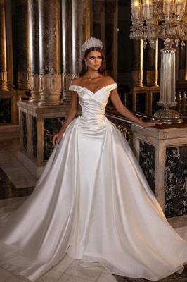 Modest Off Shoulder Satin A Line Wedding Dress Bridal Gowns_1