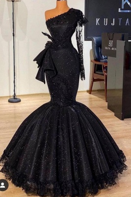 Sparkly Black Long Sleeve Mermaid Prom Dress Glitter_1