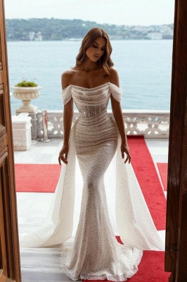 Elegant Sequins Mermaid Off the Shoulder Floor-Length Prom Dresses_1