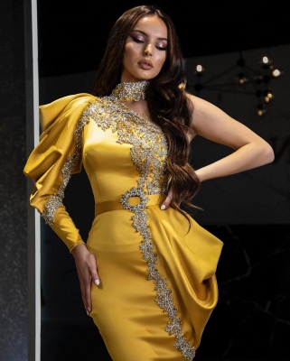 Gold One Shoulder Long Sleeve Mermaid  Prom Dress Glitter_3