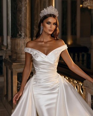 Modest Off Shoulder Satin A Line Wedding Dress Bridal Gowns_2