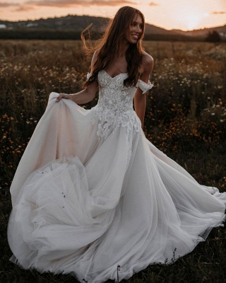 Fabulous Off-the-shoulder Sleeveless A-Line Floor-Length Wedding Dresses with Lace_3